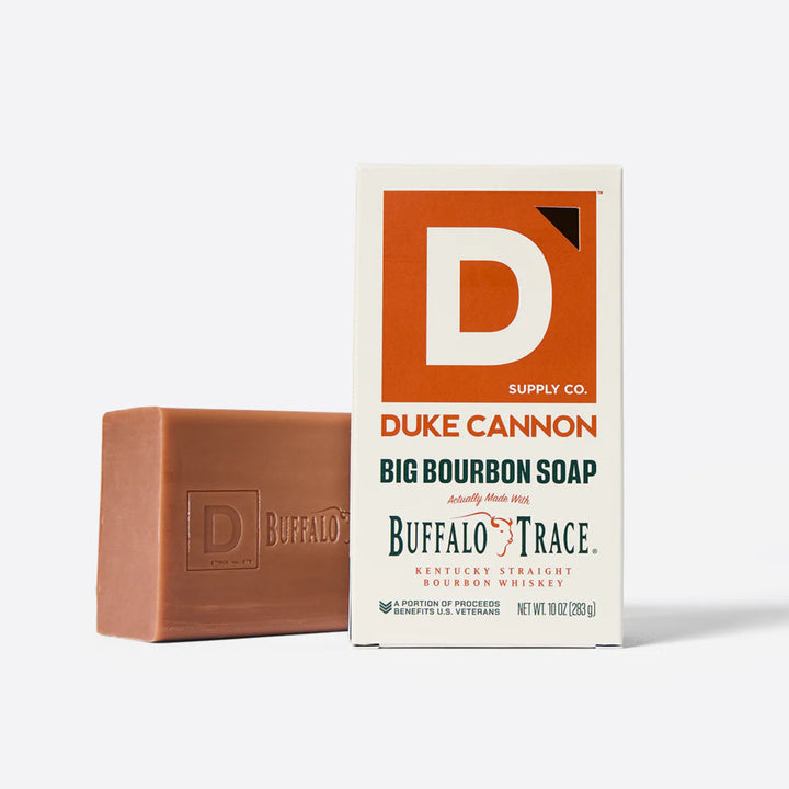Bar of soap and its packaging with 'Duke Cannon' branding on a white background