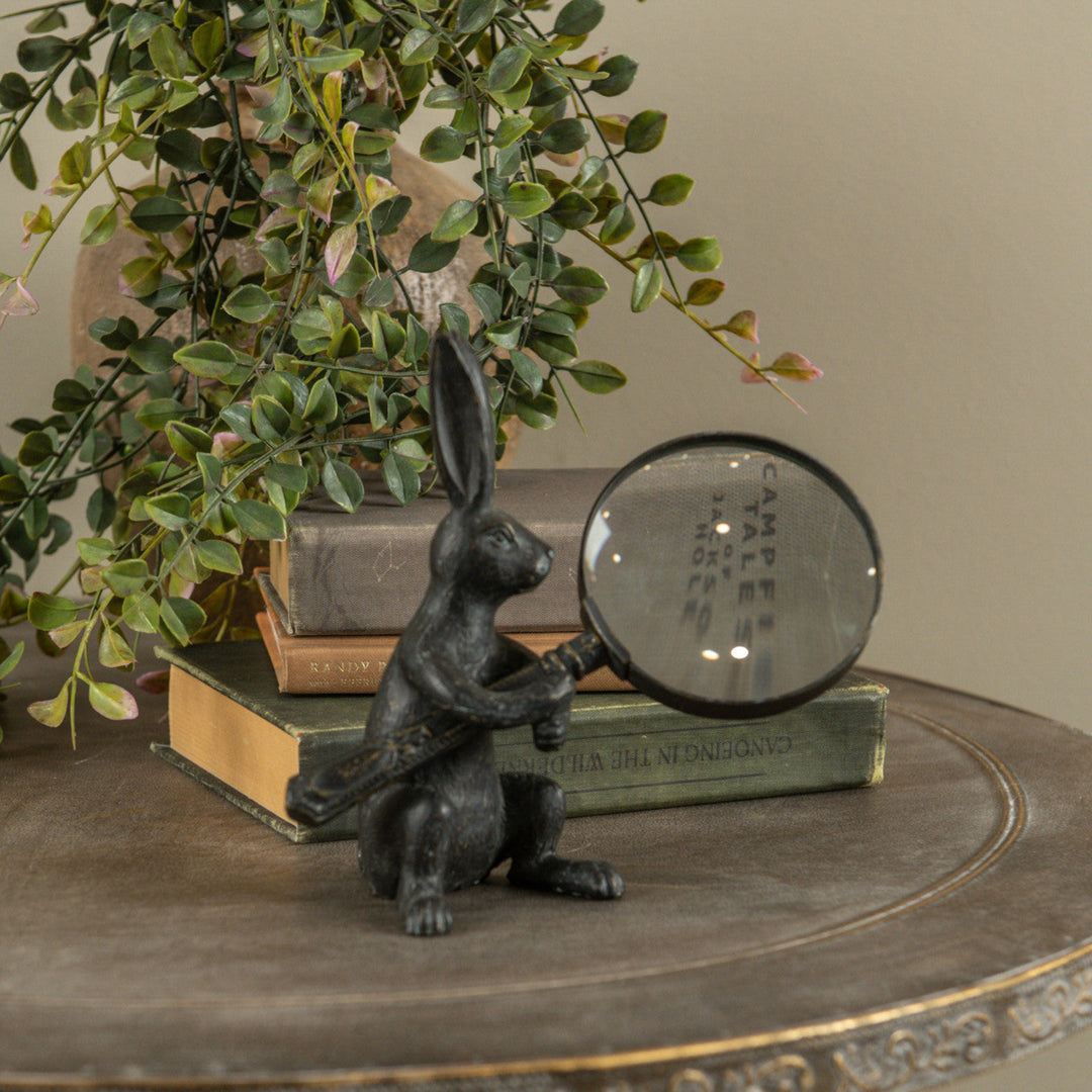 Decorative rabbit figurine with a magnifying glass on a table with books and plants.