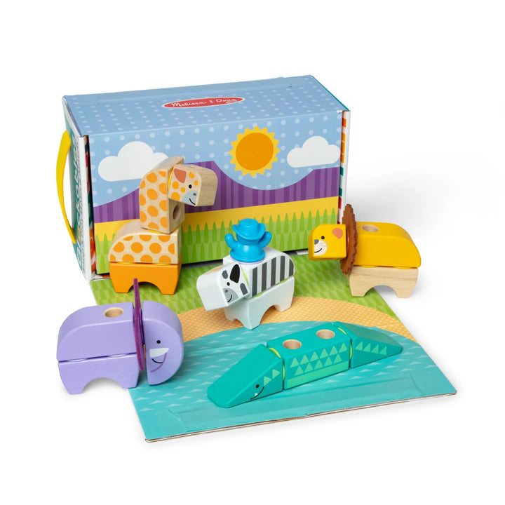 Wooden animal toys with a Melissa & Doug box on a white background
