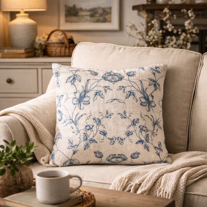 Blue Floral Kantha Stitch Pillow