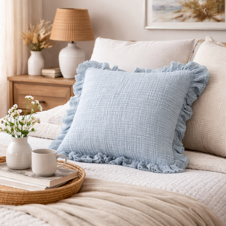 Blue Gauze Ruffle Pillow