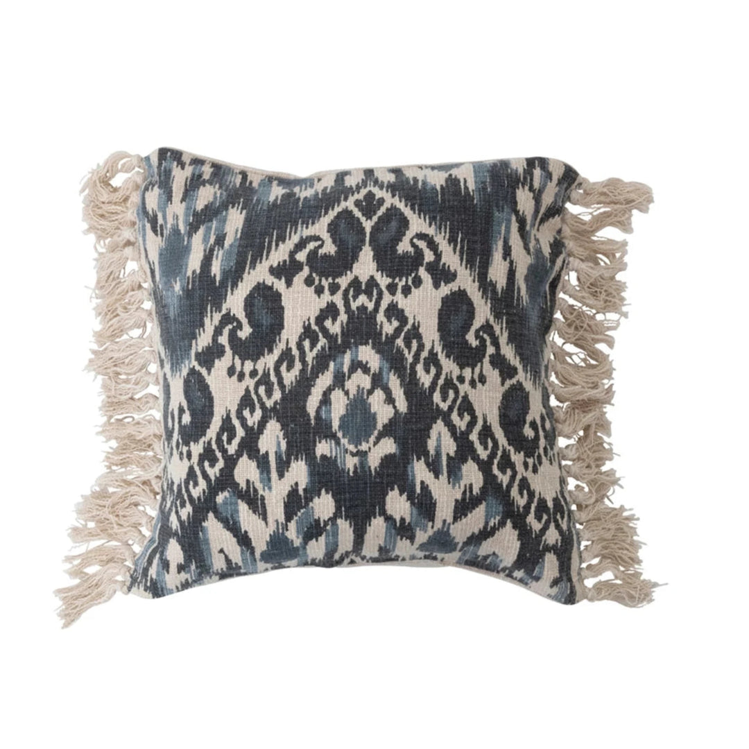 Blue Ikat Fringe Accent Pillow