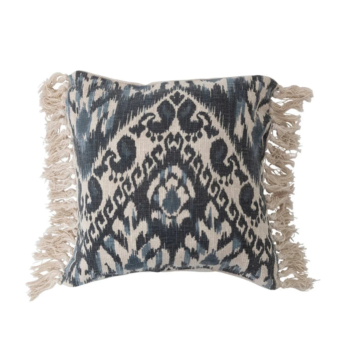 Blue Ikat Fringe Accent Pillow