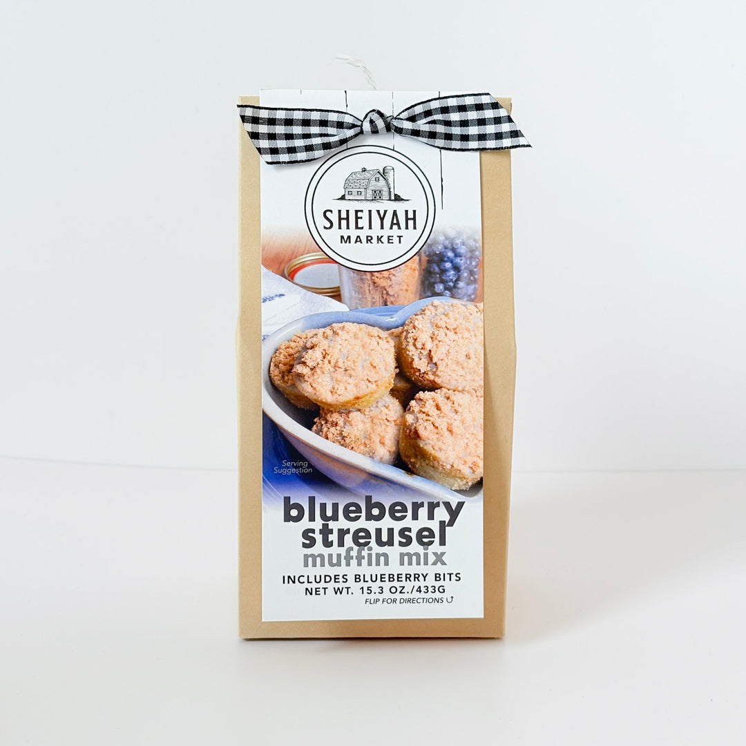 Sheiyah Market blueberry streusel muffin mix package with a bow on a white background