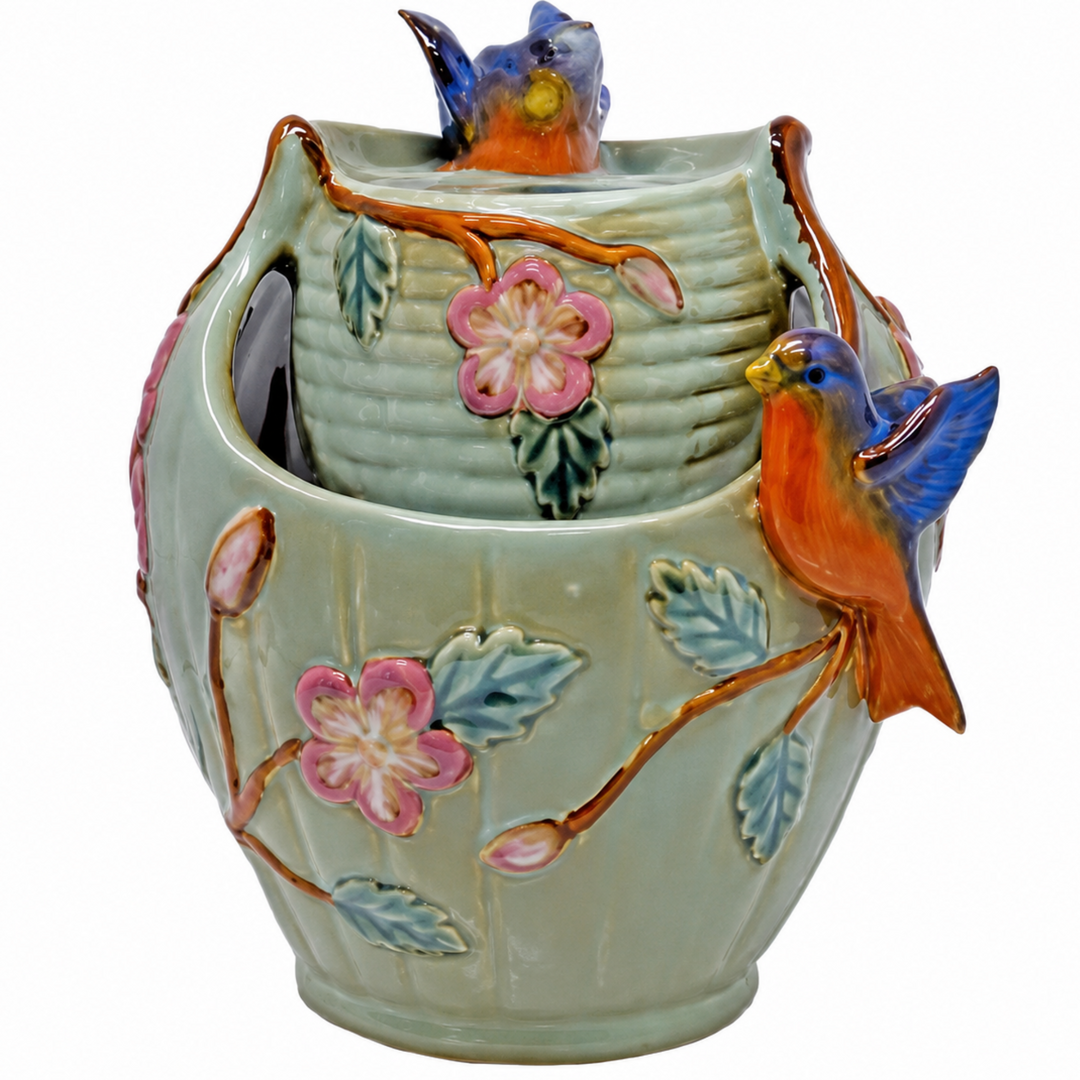 Decorative ceramic jar with bird and floral designs on a white background
