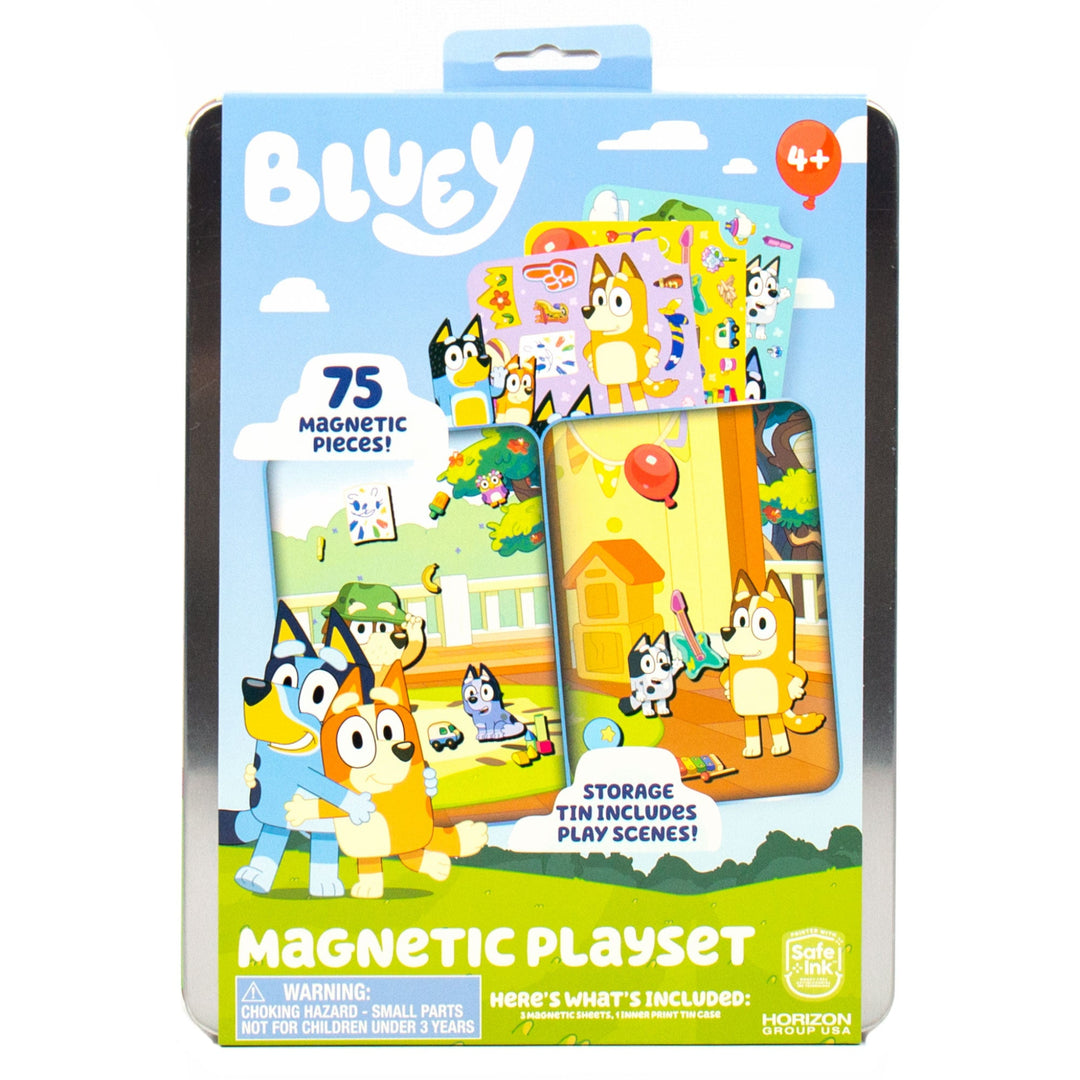 Bluey magnetic playset packaging with colorful design and character images.