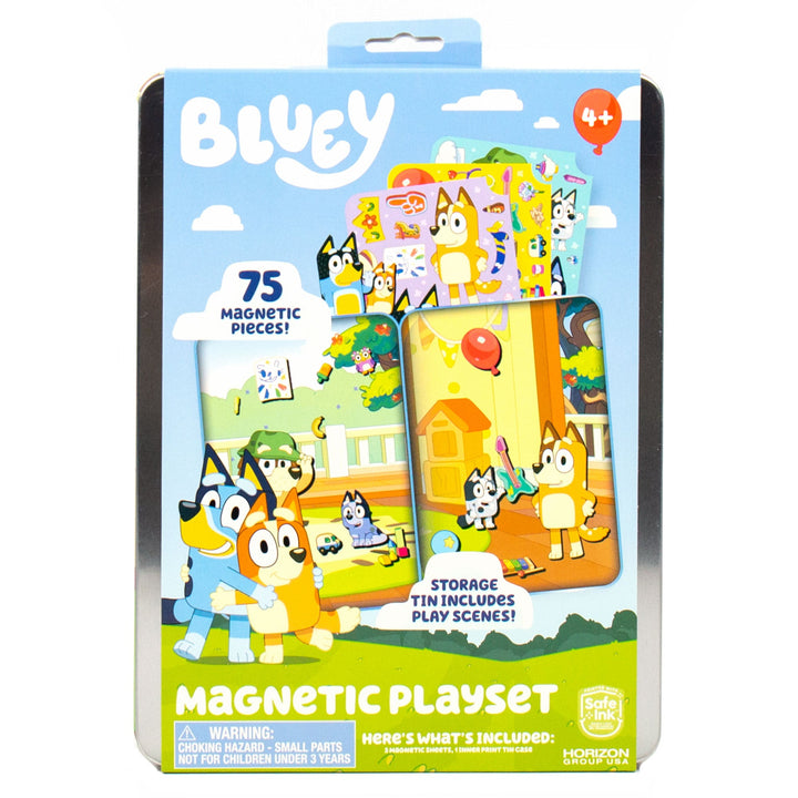Bluey magnetic playset packaging with colorful design and character images.