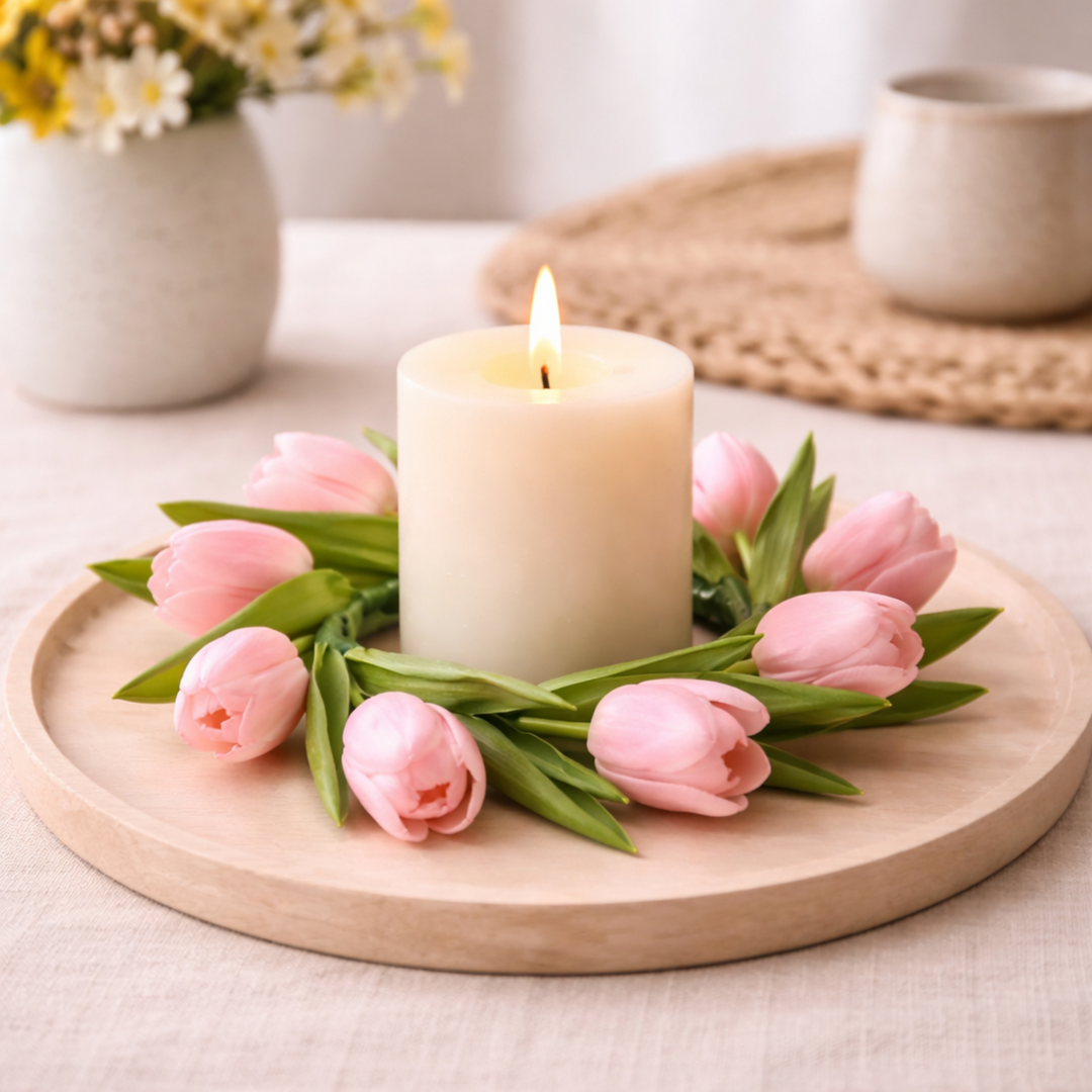 Candle surrounded by pink tulips on a wooden tray with a blurred background