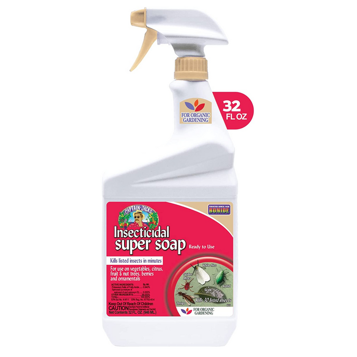 Insecticidal super soap spray bottle with label on a white background