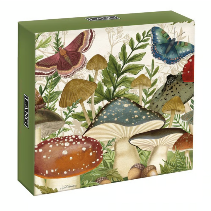 A square puzzle box featuring a vintage-style forest illustration with mushrooms, butterflies, and foliage on a cream background, with an olive green side panel. The brand name 'LIV' is visible on the side.