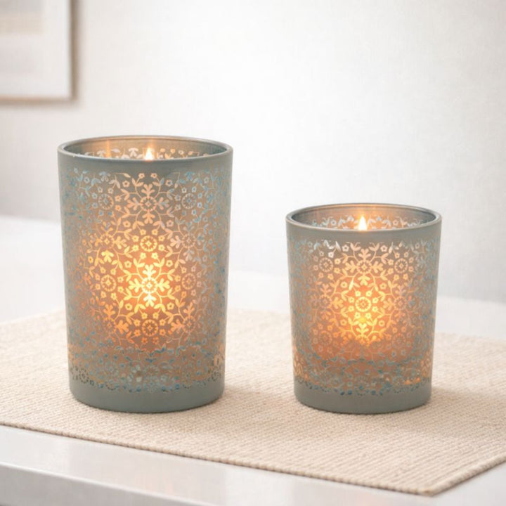 Botanical Sage Glass Candle Holder on cream placemat with neutral background