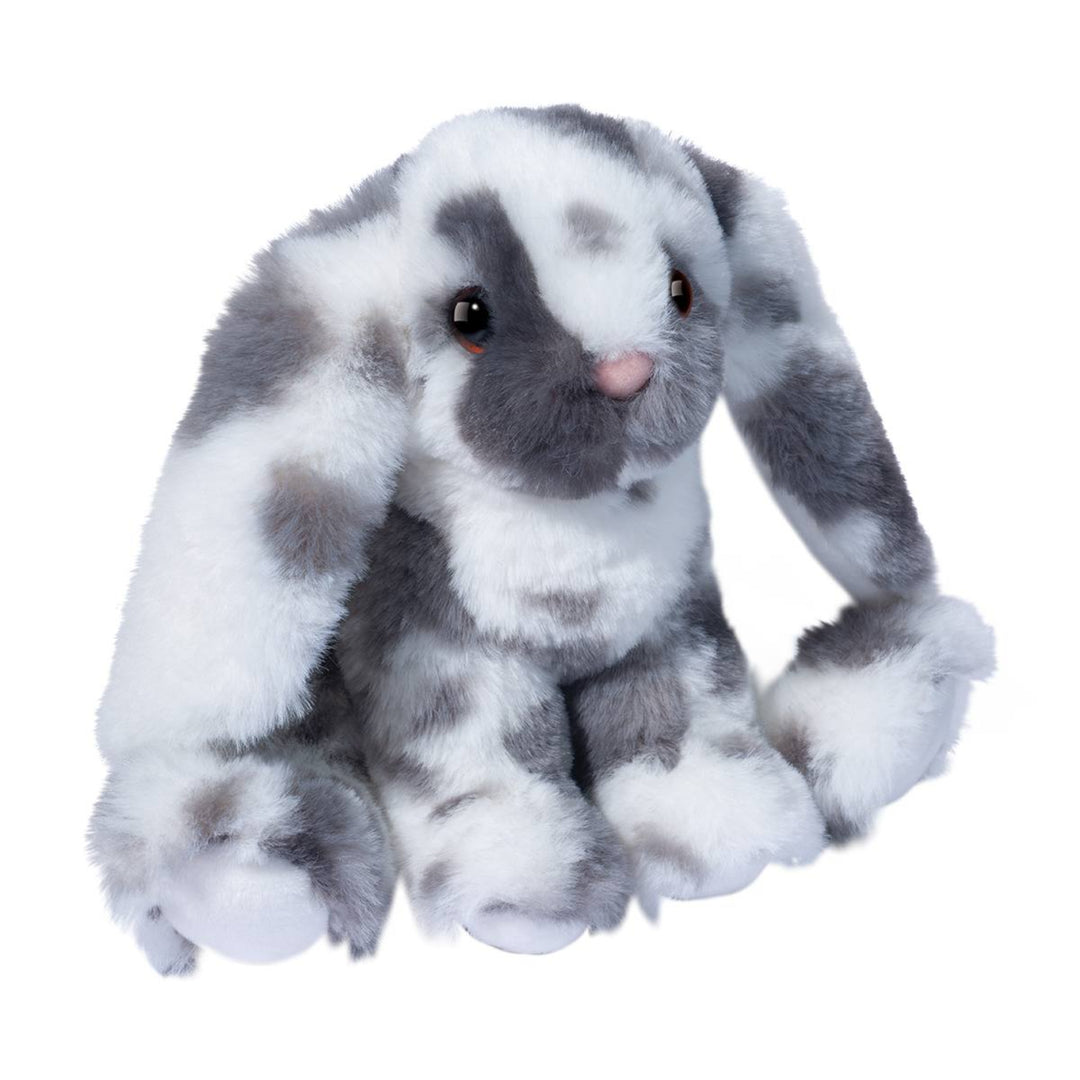 Plush toy rabbit with gray and white fur on a white background