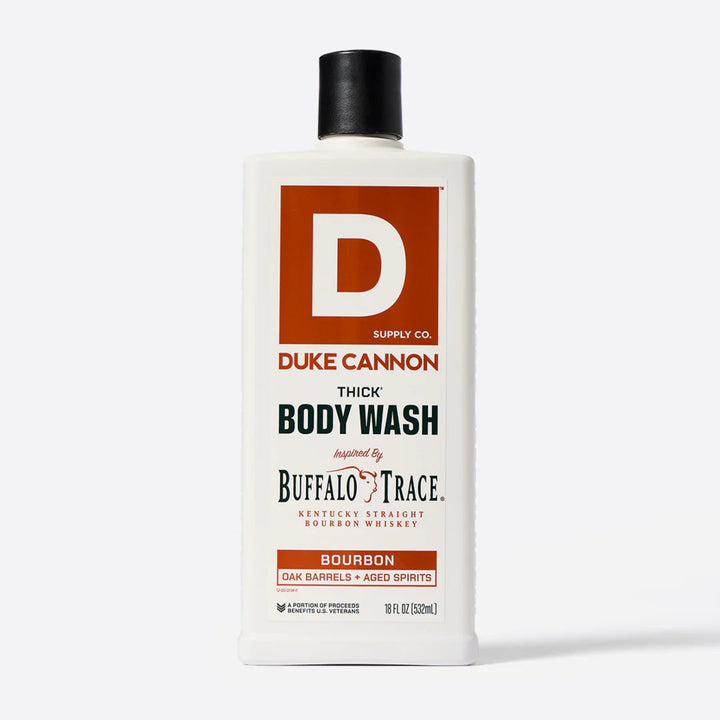 Bottle of Duke Cannon body wash inspired by Buffalo Trace bourbon on a white background