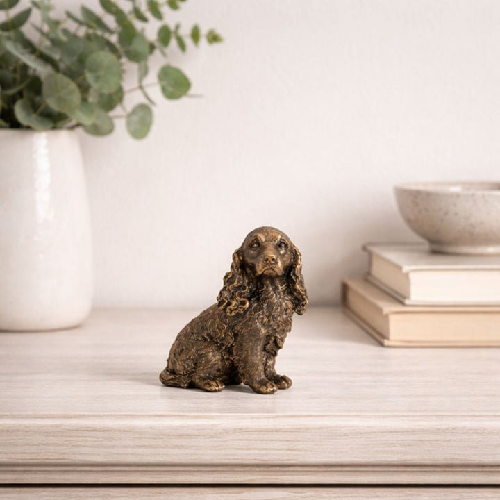 Bronze dog figurine on a wooden surface with a plant and books in the background