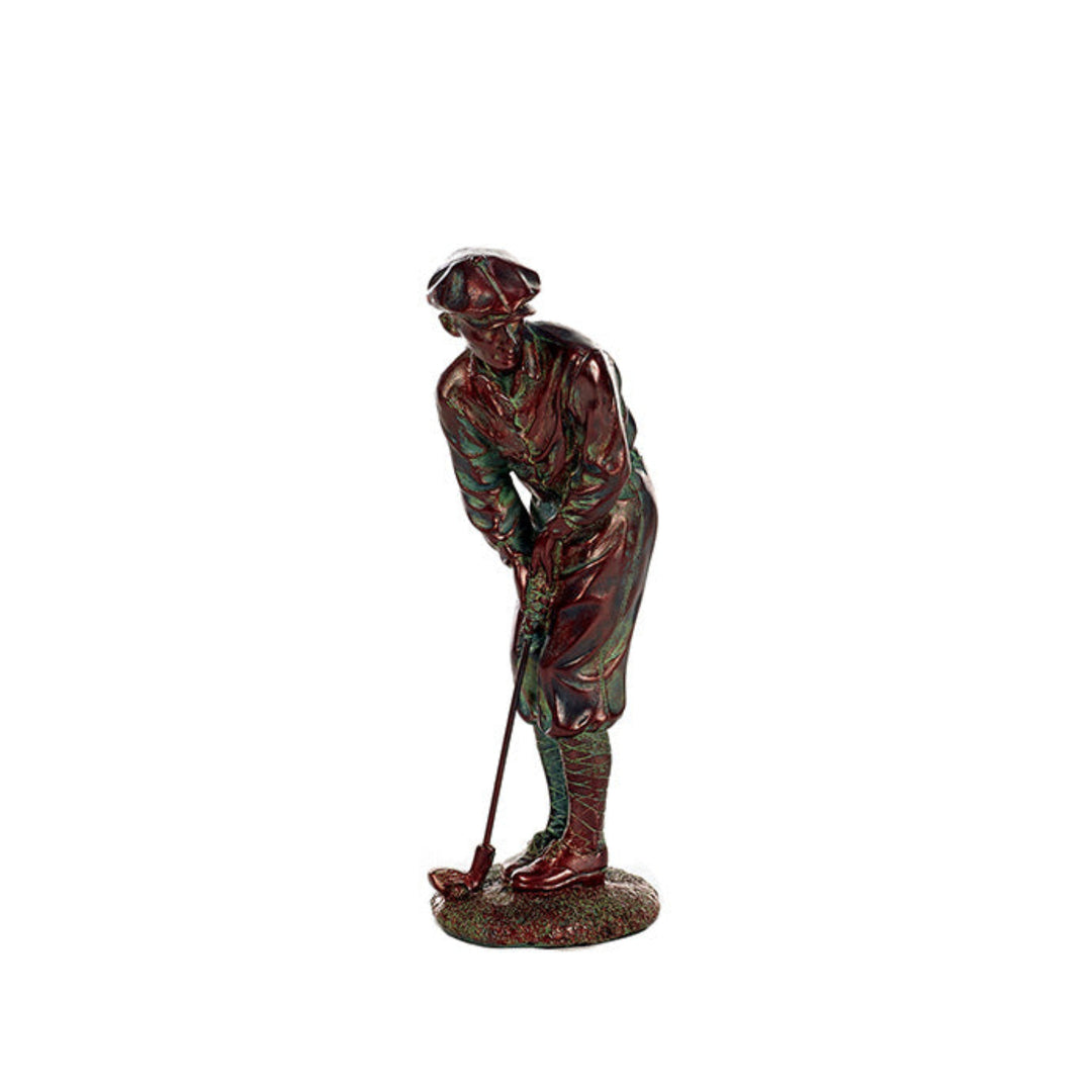 Statue of a golfer in a green jacket and brown pants holding a club on a white background