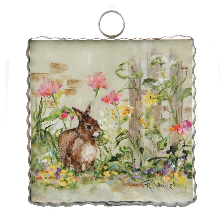 Decorative panel with a rabbit and flowers on a textured background