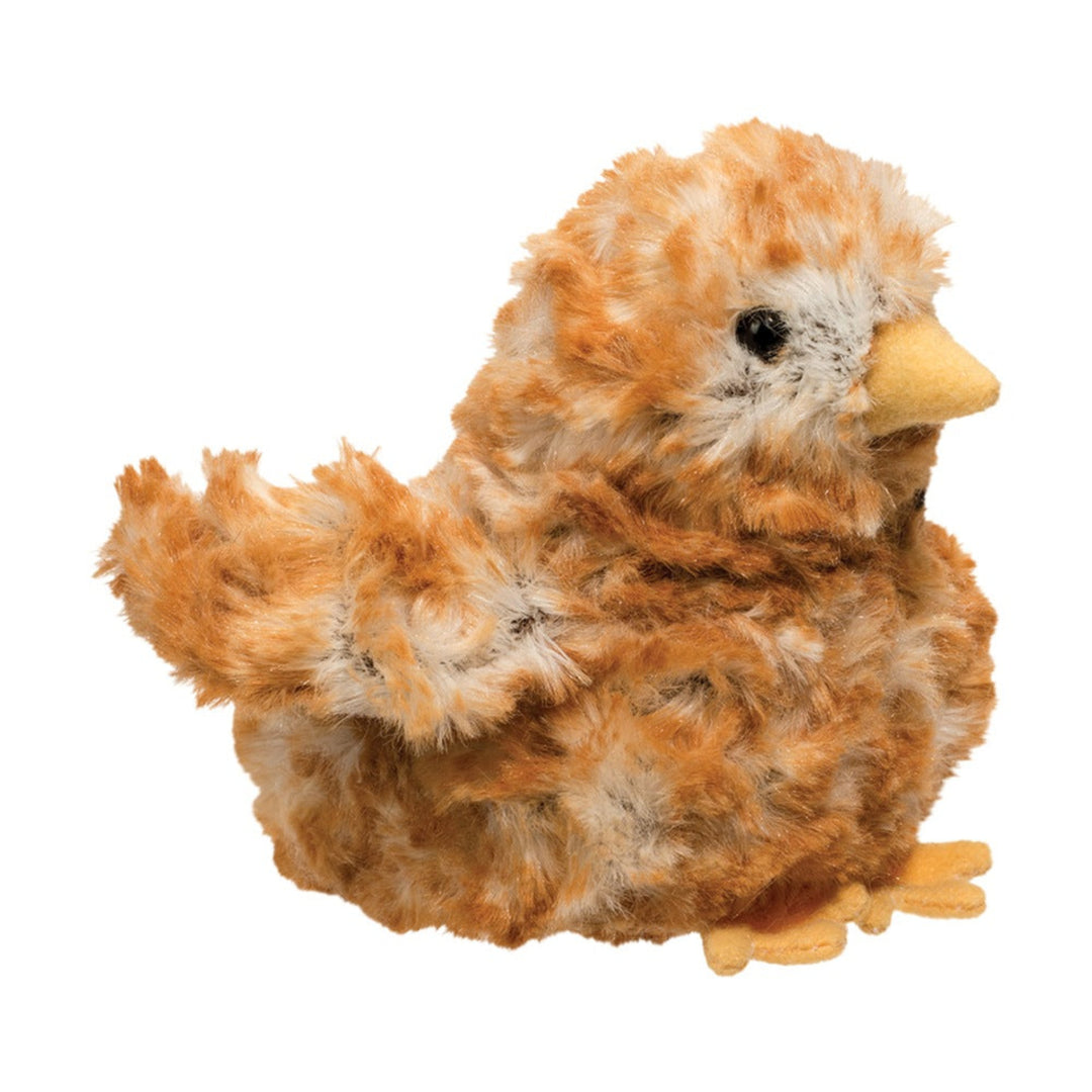 Plush toy chick with brown and white feathers on a white background