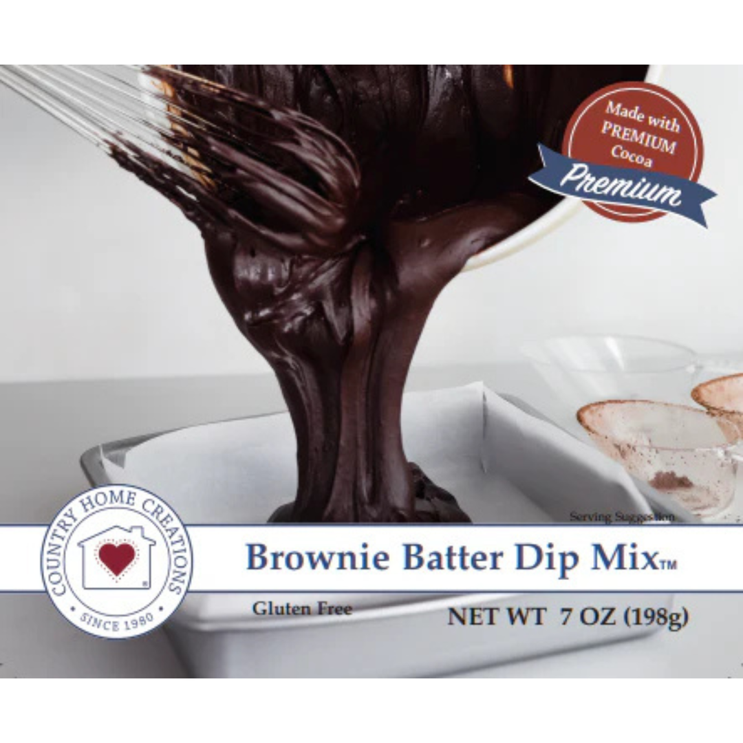 Brownie Batter Dip Mix packaging with chocolate being poured onto a plate.