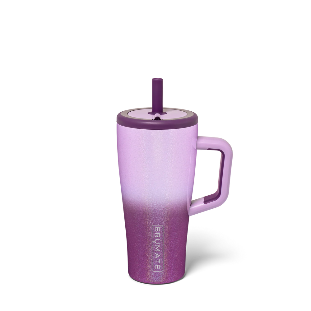 Purple tumbler with handle and straw lid on a white background
