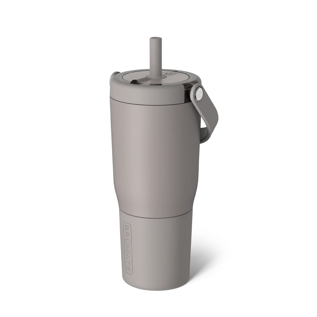 Gray tumbler with a straw on a white background