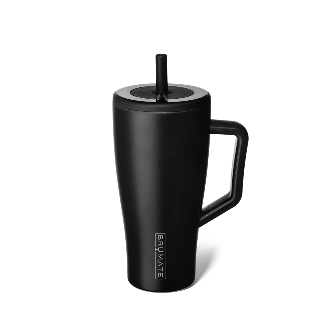 Black insulated mug with handle and straw lid on a white background