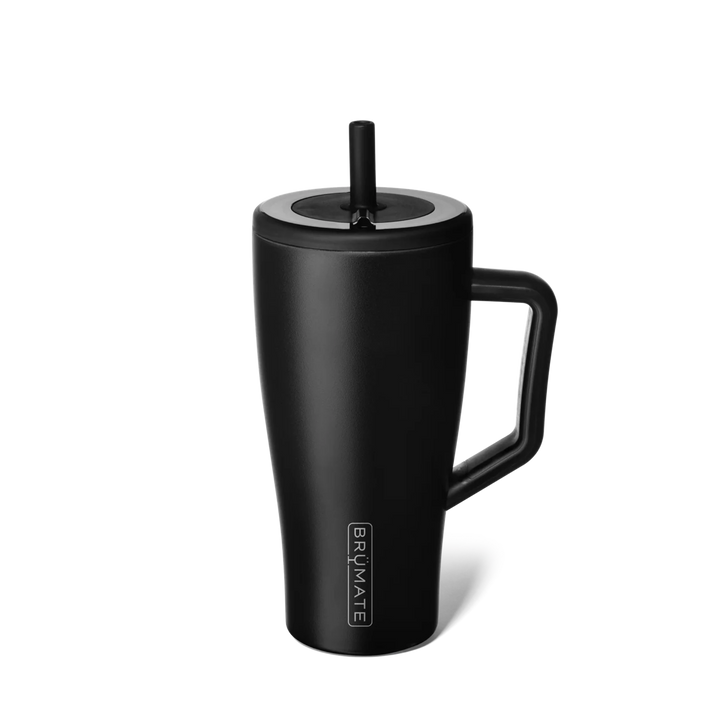 Black insulated mug with handle and straw lid on a white background