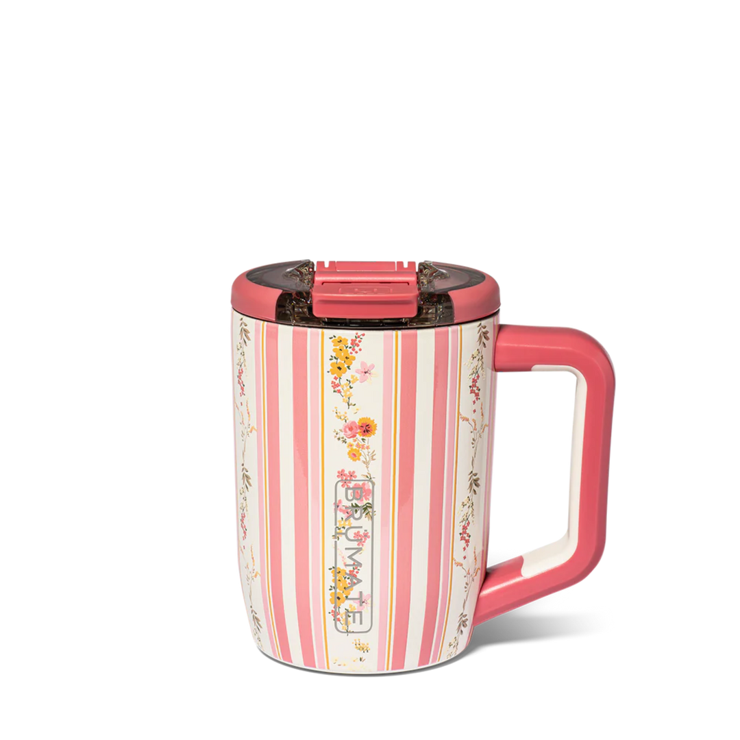 A pink and white striped travel mug with a floral pattern, featuring a pink handle and a matching pink lid with a clear plastic insert, shown on a white background.