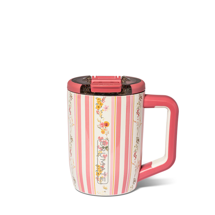 A pink and white striped travel mug with a floral pattern, featuring a pink handle and a matching pink lid with a clear plastic insert, shown on a white background.