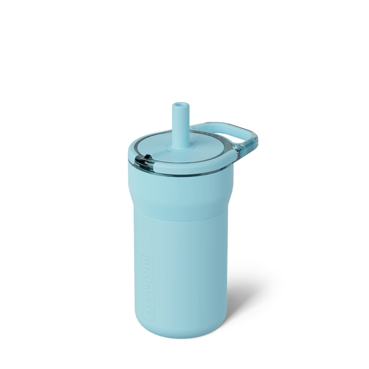 Light blue tumbler with a straw on a white background