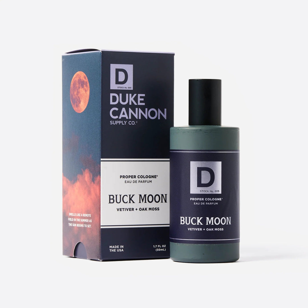 Buck Moon Proper Cologne bottle and box on a white background