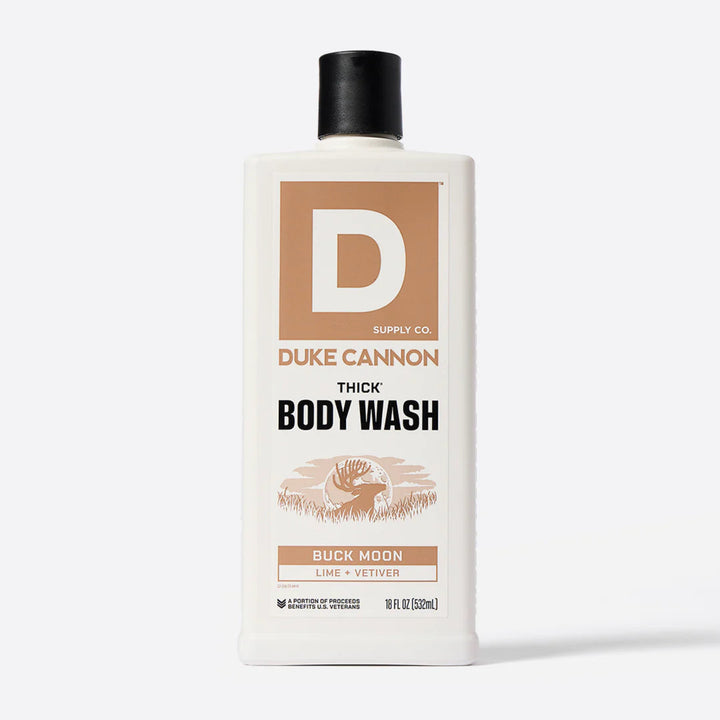 Duke Cannon body wash bottle on a white background