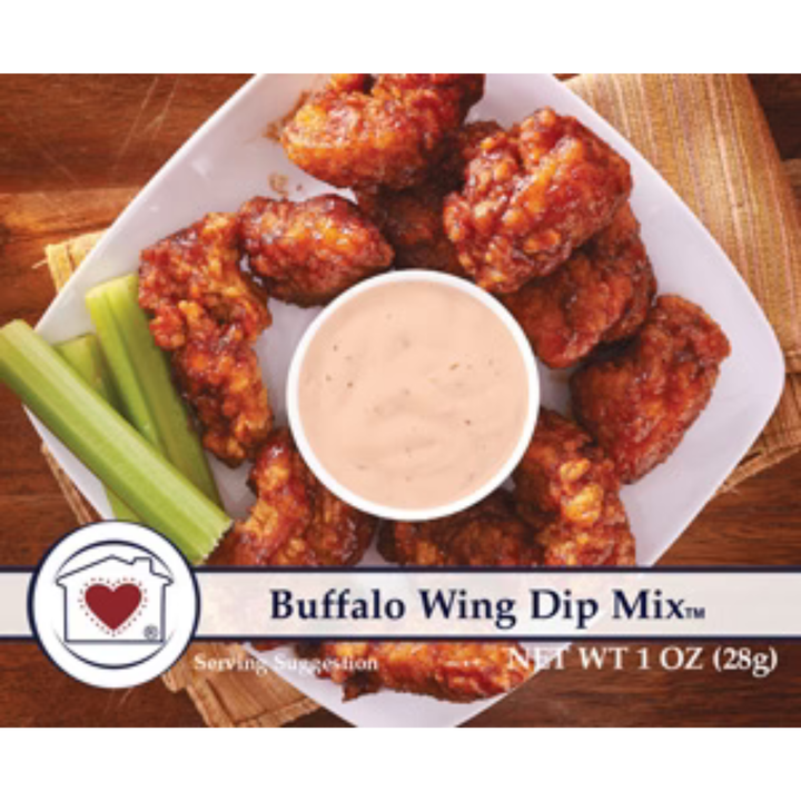 Buffalo wing dip mix packaging showing a plate of buffalo wing pieces with celery sticks and a small bowl of creamy dipping sauce, plus text reading 'Buffalo Wing Dip Mix' and 'Net Wt 1 oz (28g)'.