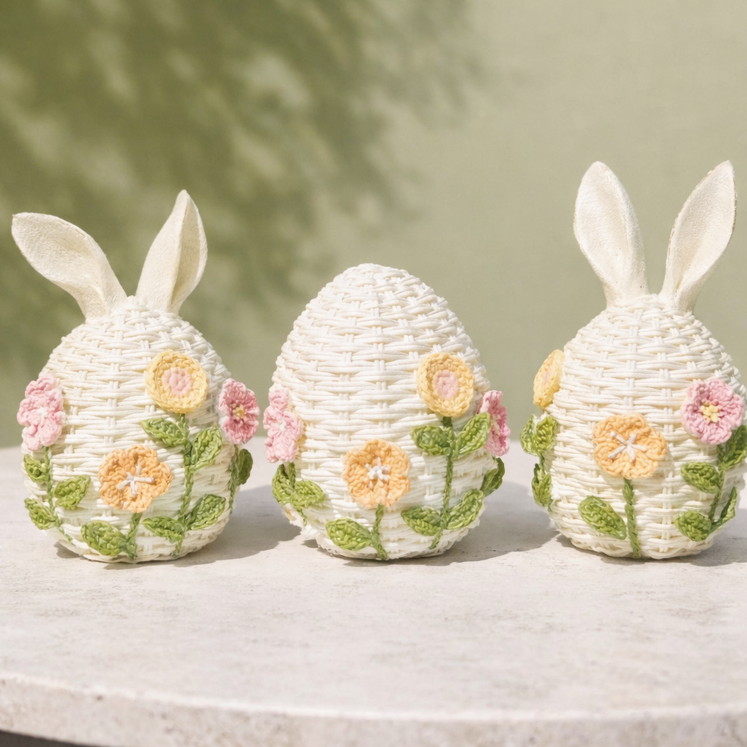 Three decorative Easter eggs with floral patterns and bunny ears on a light surface.