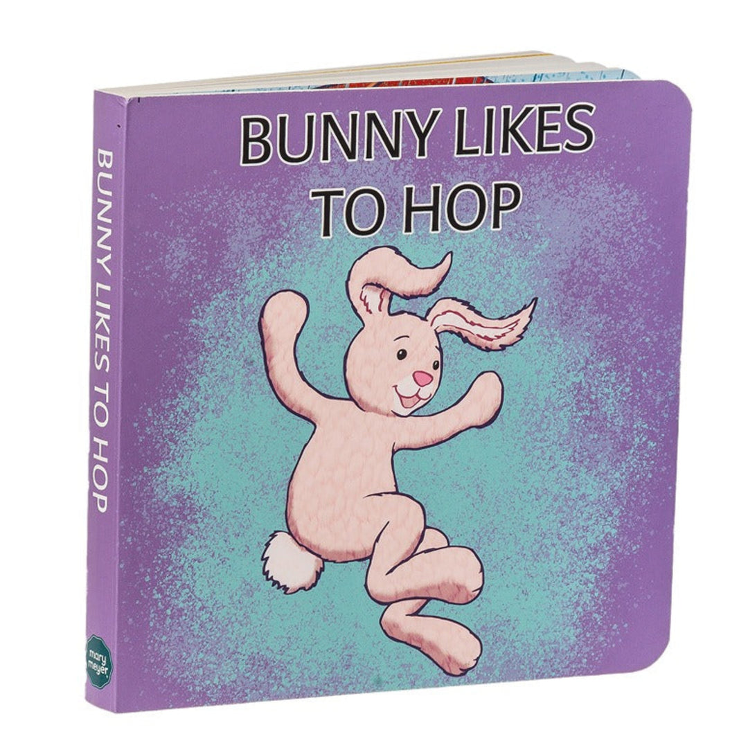 Children's book titled 'Bunny Likes to Hop' with a purple cover and bunny illustration.