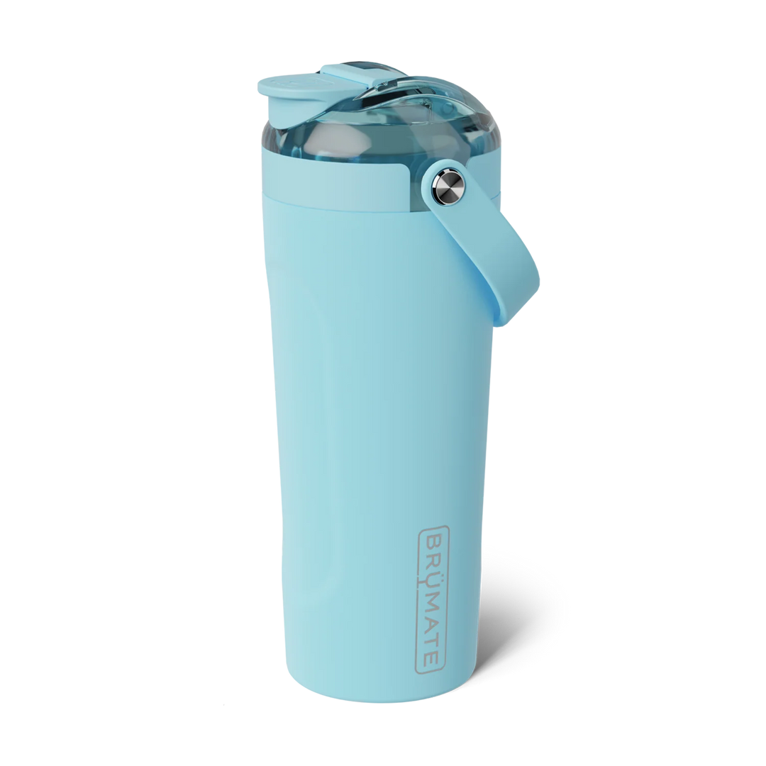 Light blue stainless steel water bottle with a clear lid on a white background