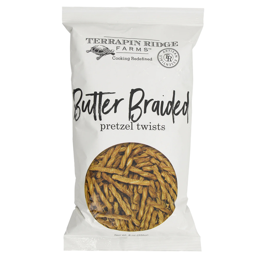 Bag of Terrapin Ridge Farms Butter Braided pretzel twists on a white background