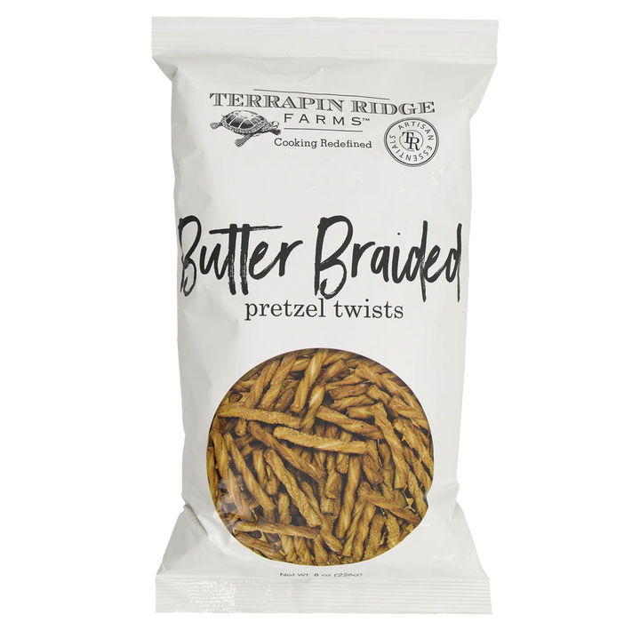 Bag of Terrapin Ridge Farms Butter Braided pretzel twists on a white background