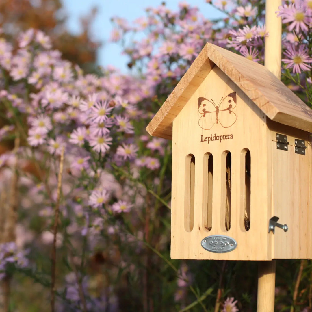 Wooden insect house with butterfly design against a background of purple flowers