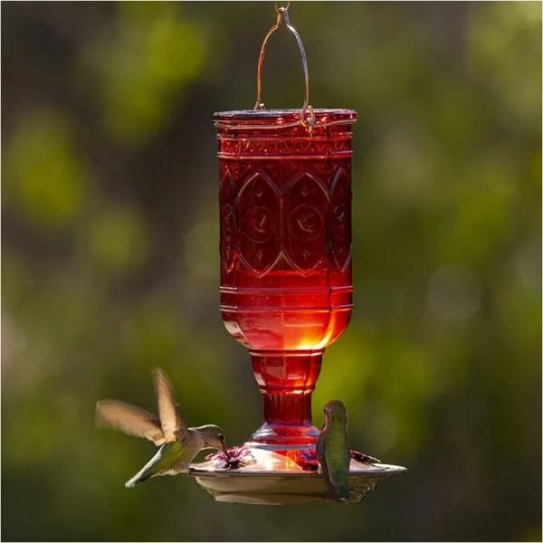 Red Vintage Glass Hummingbird Feeder