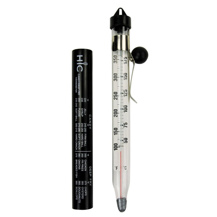 Thermometer with black casing and clear stem on a white background