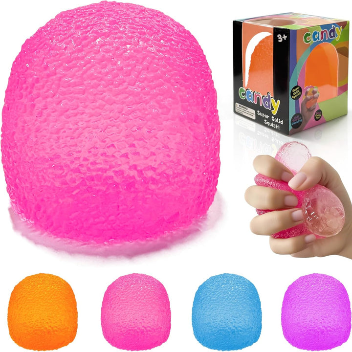 Pink stress ball with packaging, hand squeezing it, and additional color options on a white background.