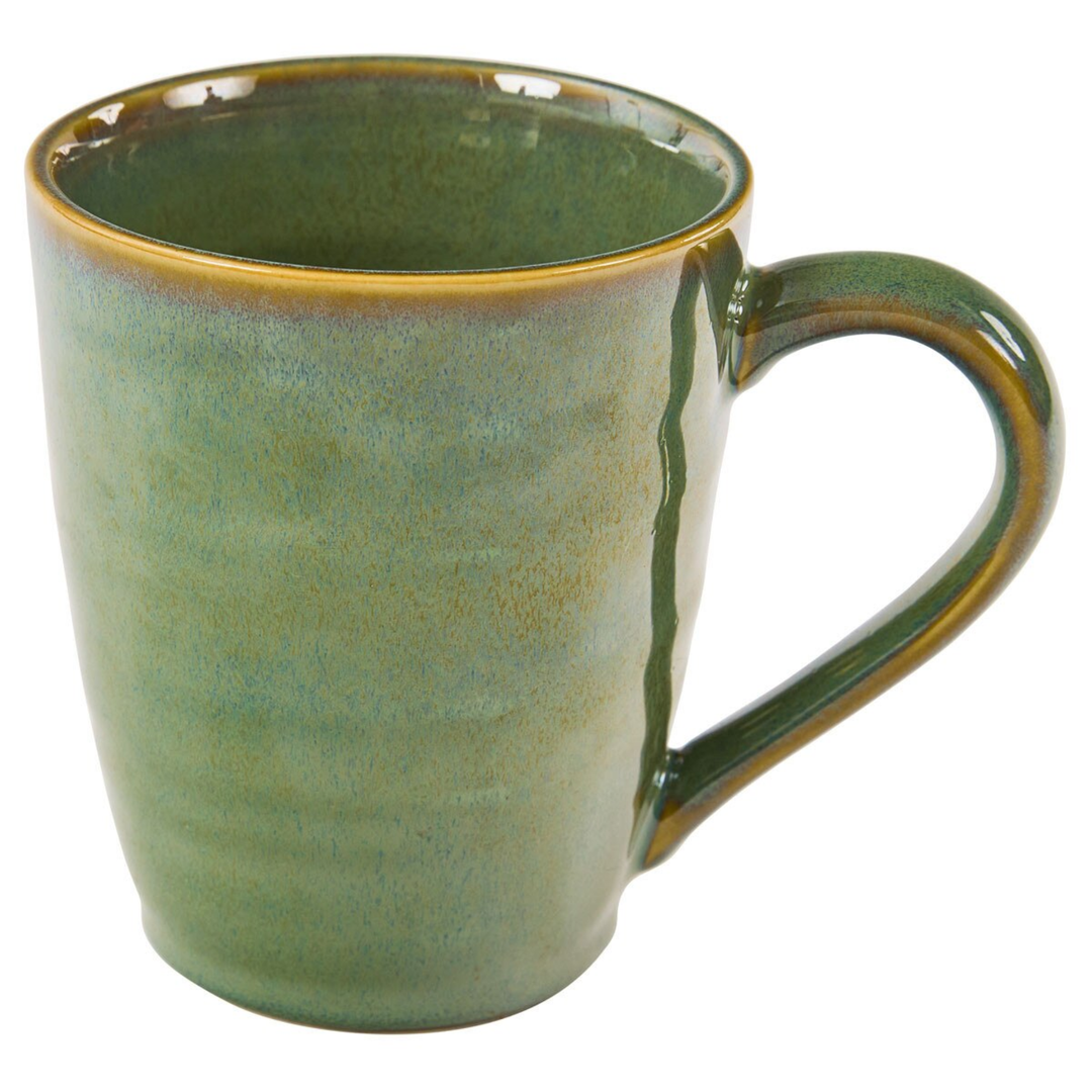 Green ceramic mug with a handle on a white background