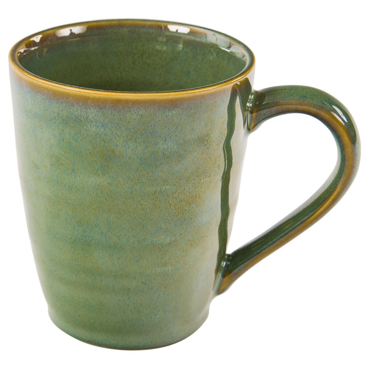 Green ceramic mug with a handle on a white background