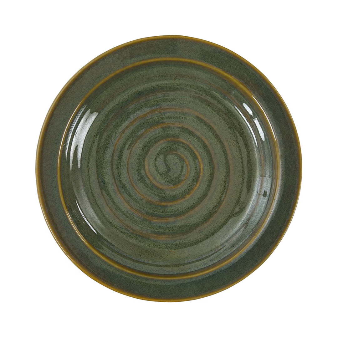 A round ceramic plate with a dark green glaze featuring concentric spiral patterns and a contrasting gold rim, shown from a top-down view on a white background.