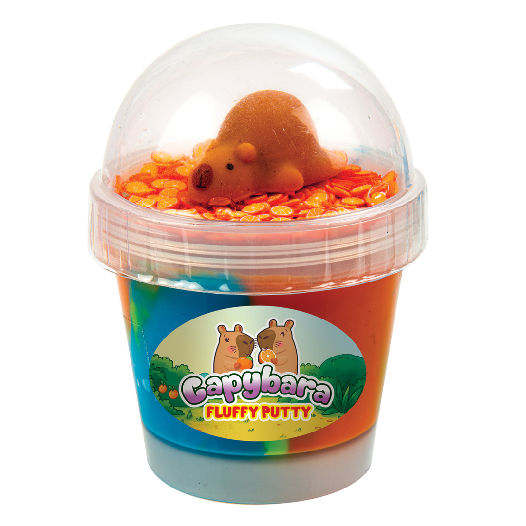 Capybara fluffy putty in a clear container with a colorful label on a white background