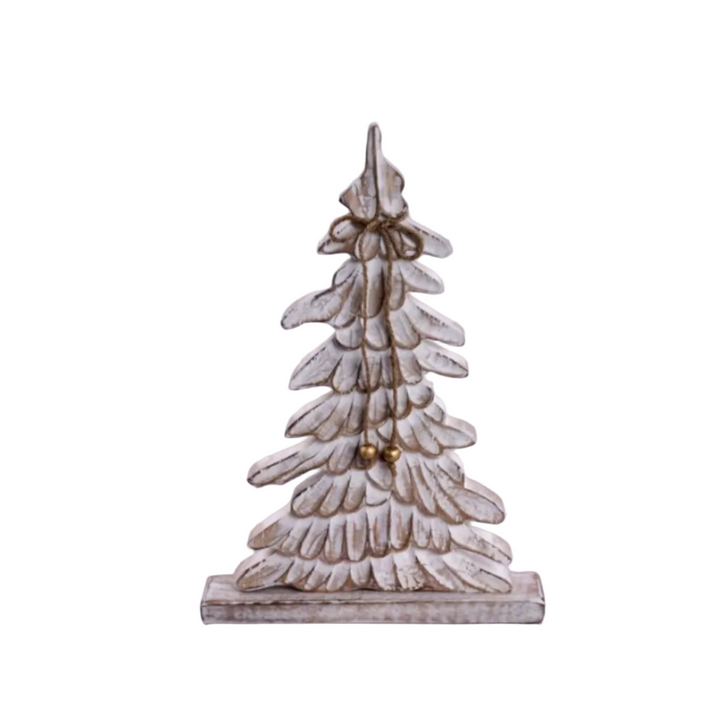 A distressed white and brown faux pine Christmas tree ornament with a rustic twine bow and small gold bells, shown on a light purple background.