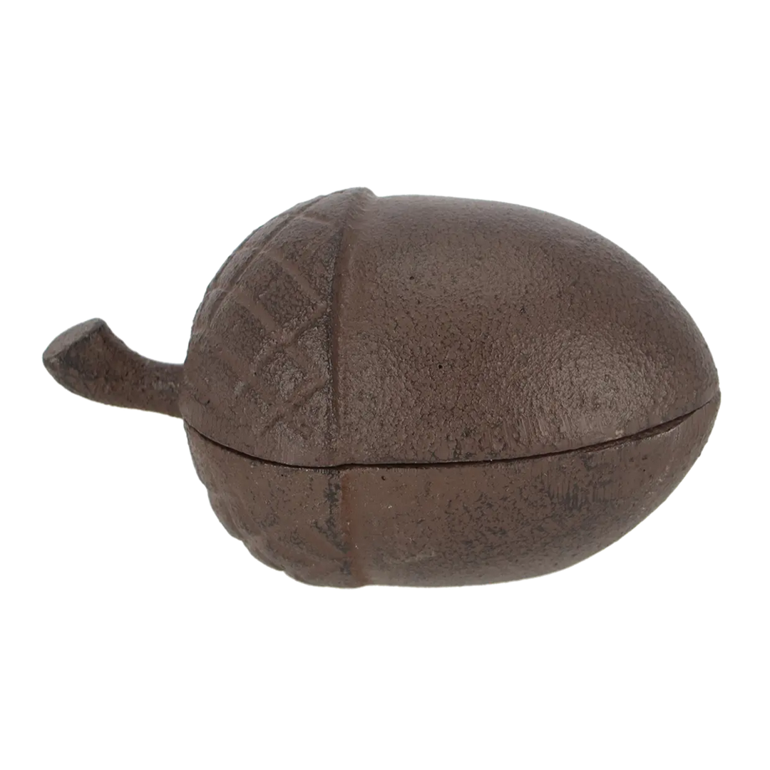 Brown ceramic acorn-shaped container on a white background