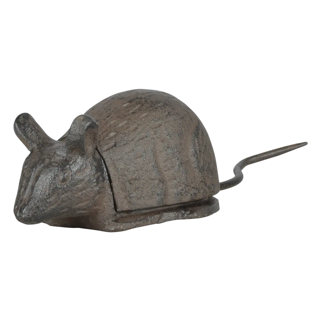 Bronze mouse sculpture on a white background