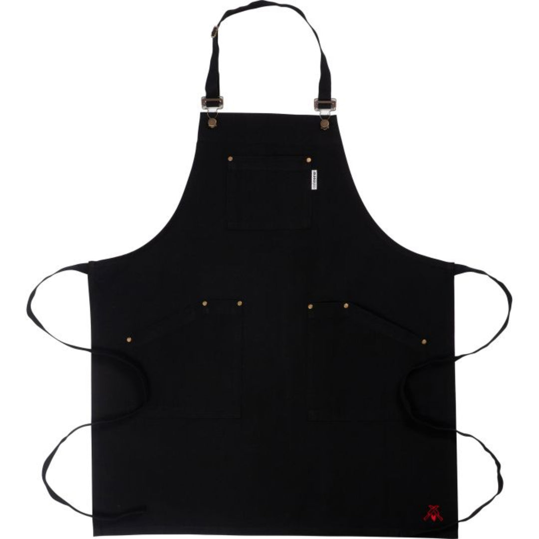 A black bib apron with a neck strap, waist ties, and multiple front pockets, shown flat against a plain white background.