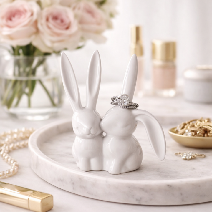 White ceramic bunny-shaped ring holders with rings on a marble surface with decorative items.